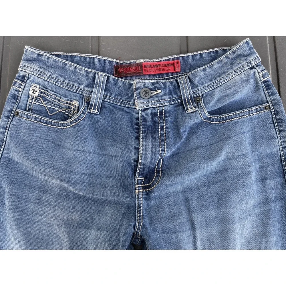 Rock & Roll Denim Jeans Mens 32 x 34 Blue Double Barrel Straight Leg Western